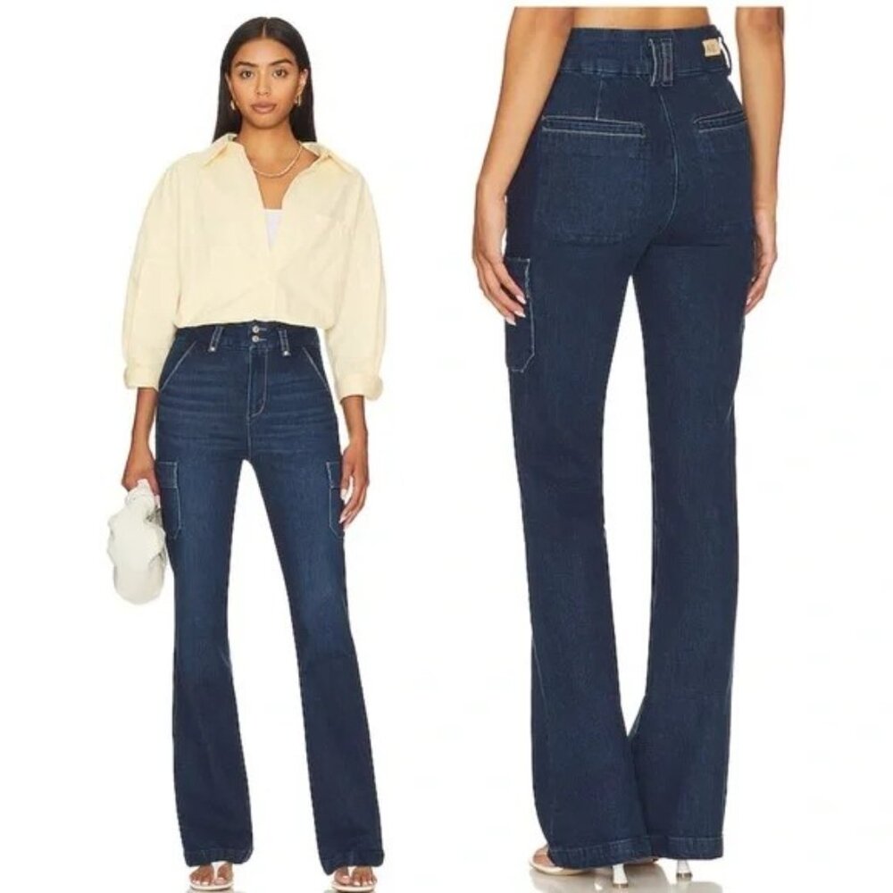 New PAIGE DION High Rise Cargo Pocket Boot Cut Jeans Gracie Lou Size 33 (31.5"L)